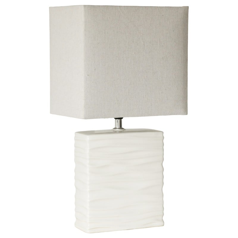 Modern square white ceramic table lamp with beige shade.