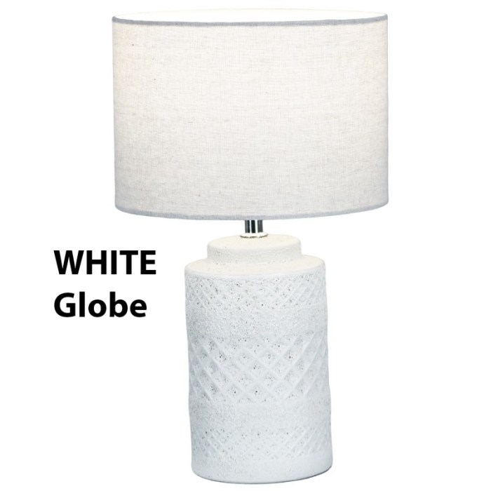 White textured table lamp with linen shade.