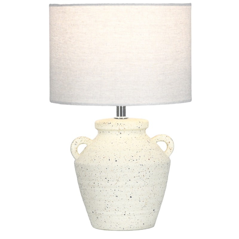 Ceramic table lamp with white fabric shade.