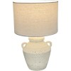 Ceramic table lamp with textured base and fabric shade.