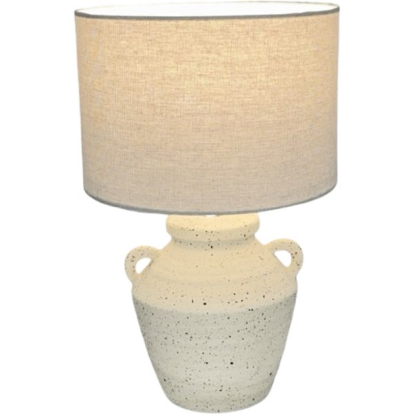 Ceramic table lamp with textured base and fabric shade.