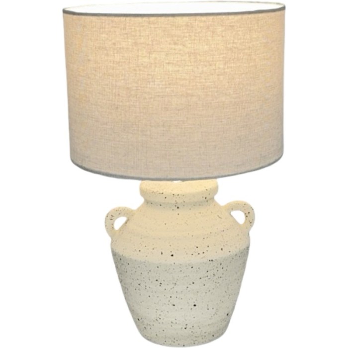 Ceramic table lamp with textured base and fabric shade.