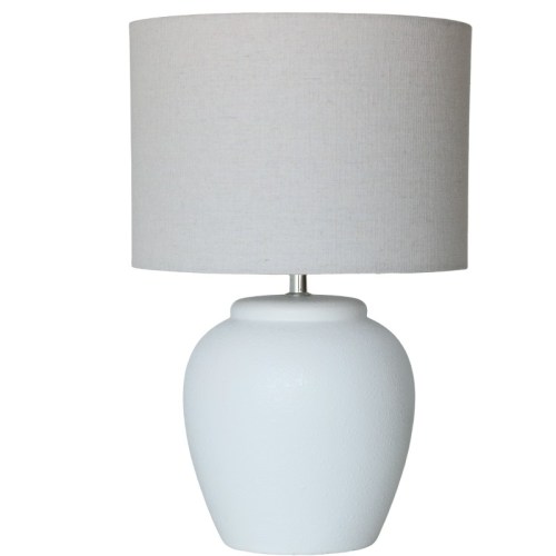 White ceramic table lamp with grey shade.