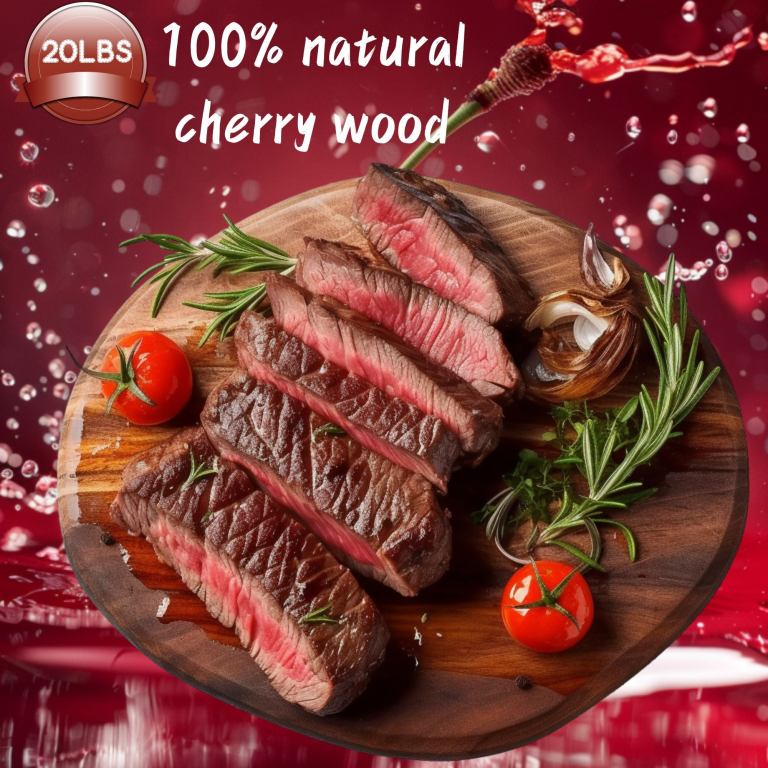 asmoke 100% natural cherry wood bbq smoker pellets (9kg / 20lbs) Sliced steak with rosemary and tomatoes on wood.