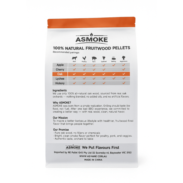 asmoke 100% natural premium oak wood bbq pellets for smoker & grill (9kg / 20lbs) ASMOKE natural fruitwood pellets, recommended pairings guide.