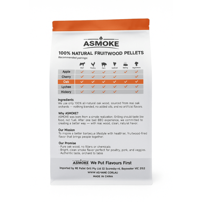 asmoke 100% natural premium oak wood bbq pellets for smoker & grill (9kg / 20lbs) ASMOKE natural fruitwood pellets, recommended pairings guide.
