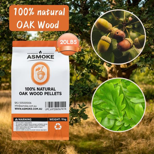 asmoke 100% natural premium oak wood bbq pellets for smoker & grill (9kg / 20lbs) 100% natural oak wood pellets packaging