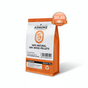 Orange bag of 100% natural oak wood pellets.