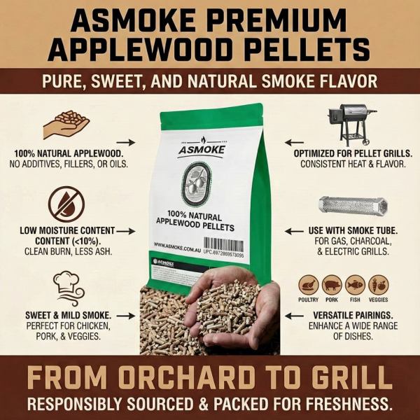 asmoke 100% natural apple wood bbq smoker pellets (2.27kg) premium fruit hardwood for chicken & pork ASmoke applewood pellets for grilling, pure smoke flavour.