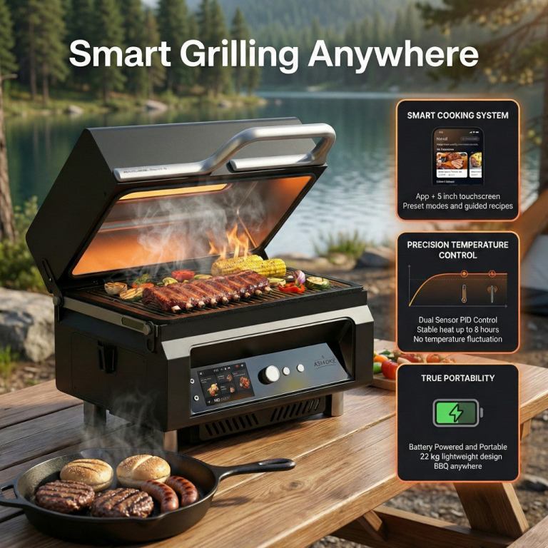 asmoke essential portable smart pellet grill & smoker + assorted flavors 20lbs (9kg) premium wood pellets (oak/cherry/apple)