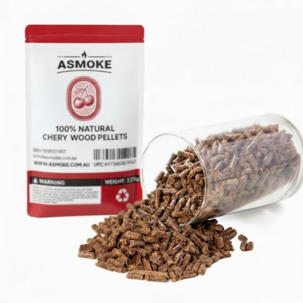 Natural cherry wood pellets spilling from bag.