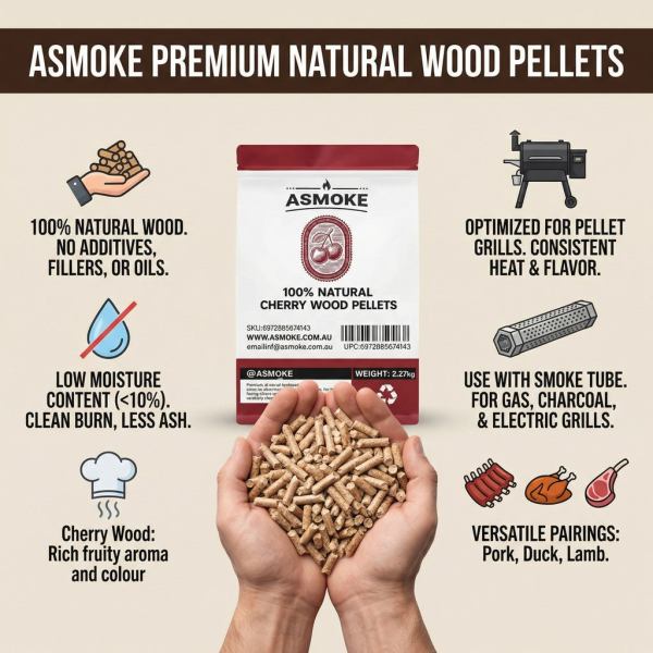 ASmoke cherry wood pellets for grills, no additives.