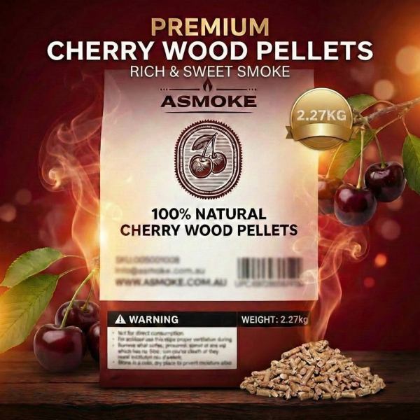 Premium natural cherry wood pellets, rich sweet smoke.