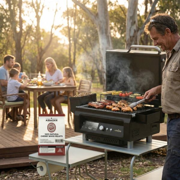 Man barbecuing with family in backyard