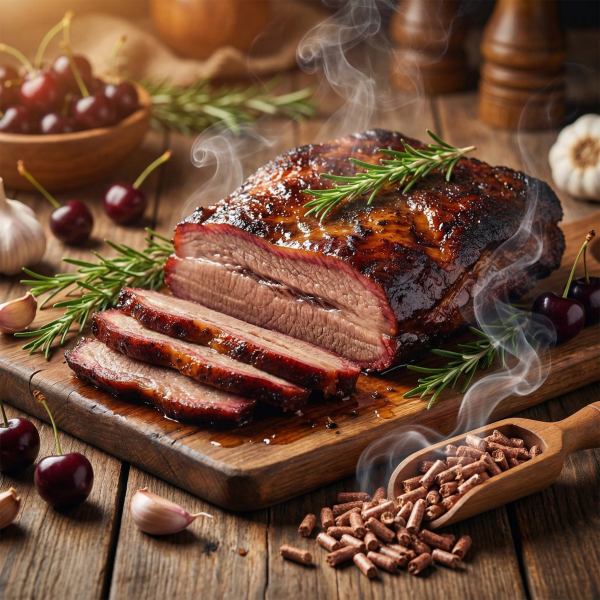 Smoked beef brisket with rosemary and cherries