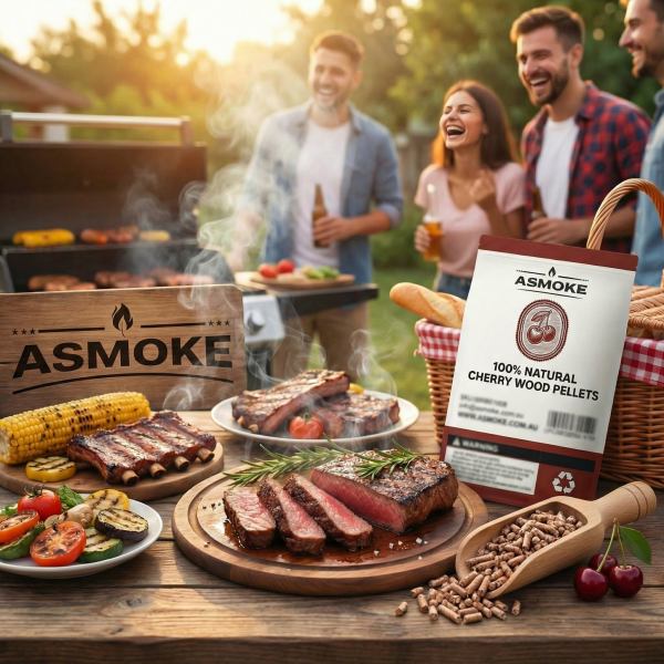 Friends enjoying barbecue with Asmoke cherry wood pellets.