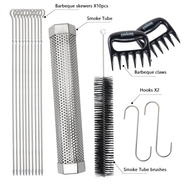 asmoke essential smart portable wood pellet grill & pitmaster accessory bundle includes 10x skewers, heavy duty meat claws, smoke tube & 20lb applewood pellets