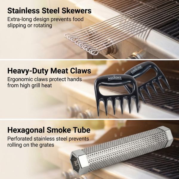 asmoke essential smart portable wood pellet grill & pitmaster accessory bundle includes 10x skewers, heavy duty meat claws, smoke tube & 20lb applewood pellets