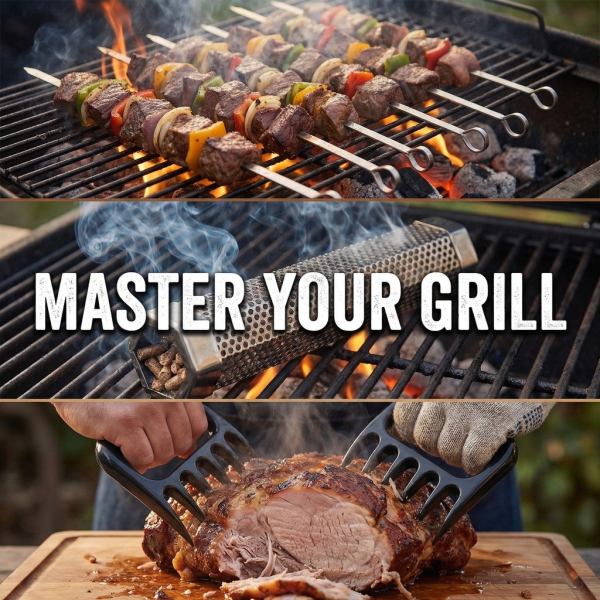 asmoke essential smart portable wood pellet grill & pitmaster accessory bundle includes 10x skewers, heavy duty meat claws, smoke tube & 20lb applewood pellets