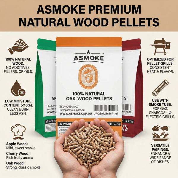 asmoke 3 piece premium wood pellet variety pack oak, cherry & apple (3 x 2.27kg bags) Asmoke natural wood pellets for grilling.