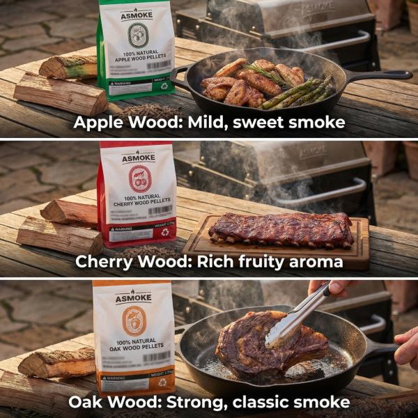 asmoke 3 piece premium wood pellet variety pack oak, cherry & apple (3 x 2.27kg bags) Wood pellets enhance BBQ flavour with distinct smoke.