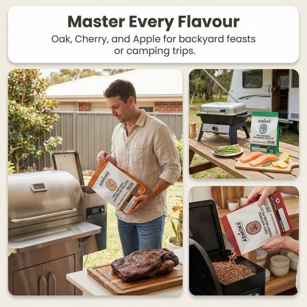 asmoke 3 piece premium wood pellet variety pack oak, cherry & apple (3 x 2.27kg bags) Barbecue with wood pellets for outdoor cooking.