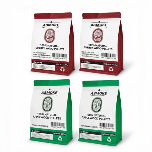 Four bags of natural wood pellets packaging.