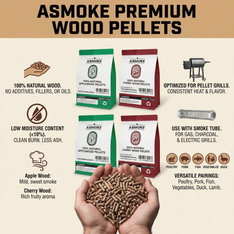 asmoke 20lbs (9kg) wood pellet sampler bundle 2 flavour variety pack (2x cherry, 2x apple) best for pork, ribs & poultry ASMOKE premium wood pellets for grills and smoking.