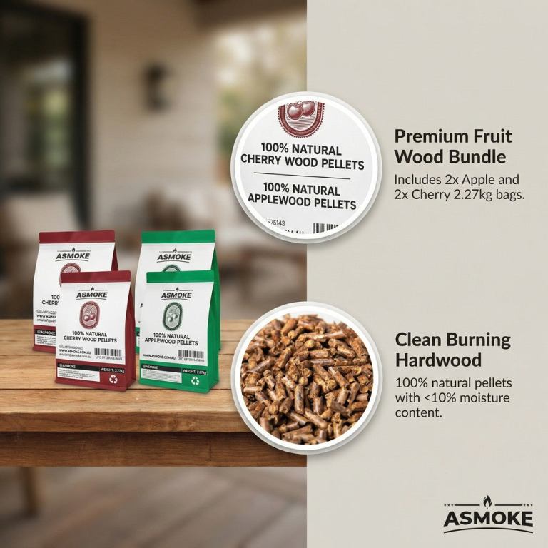 asmoke 20lbs (9kg) wood pellet sampler bundle 2 flavour variety pack (2x cherry, 2x apple) best for pork, ribs & poultry ASMOKE natural wood pellets for premium BBQ smoking.