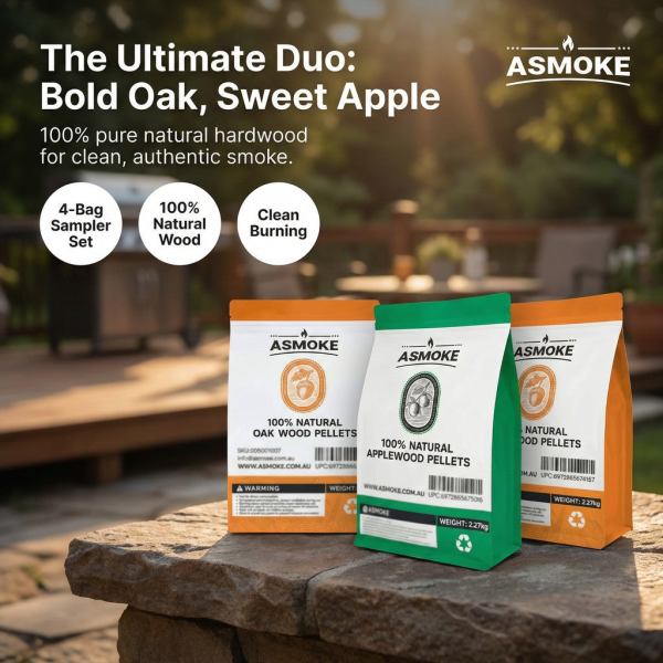 asmoke 4 piece premium wood pellet variety pack oak & apple (2x oak, 2x apple) ASMOKE natural wood pellets for smoking, grilling.