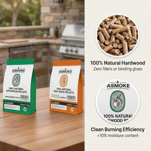 asmoke 4 piece premium wood pellet variety pack oak & apple (2x oak, 2x apple) ASMOKE wood pellets, applewood and oak, outdoor kitchen.