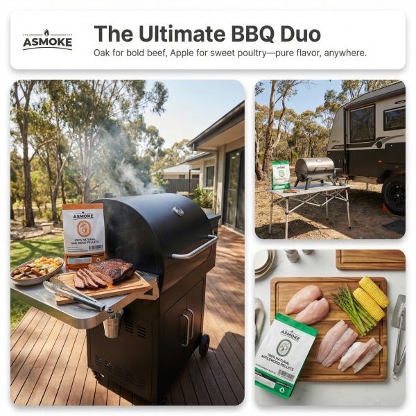 asmoke 4 piece premium wood pellet variety pack oak & apple (2x oak, 2x apple) Outdoor BBQ with wood pellet grill and food.