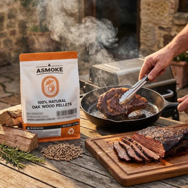 asmoke 4 piece premium wood pellet variety pack oak & apple (2x oak, 2x apple) Grilling steak with natural oak wood pellets outdoors.