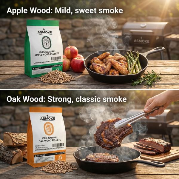 asmoke 4 piece premium wood pellet variety pack oak & apple (2x oak, 2x apple) Grilled meats with applewood and oak wood pellets.