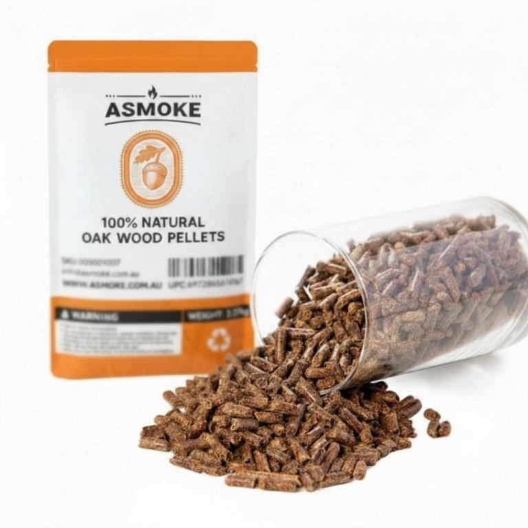 Asmode oak wood pellets spilled from a container.