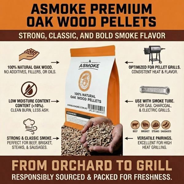 asmoke 100% natural oak wood bbq pellets (2.27kg) high heat hardwood for brisket & pizza ovens ASMOKE oak wood pellets for grills and smokers.