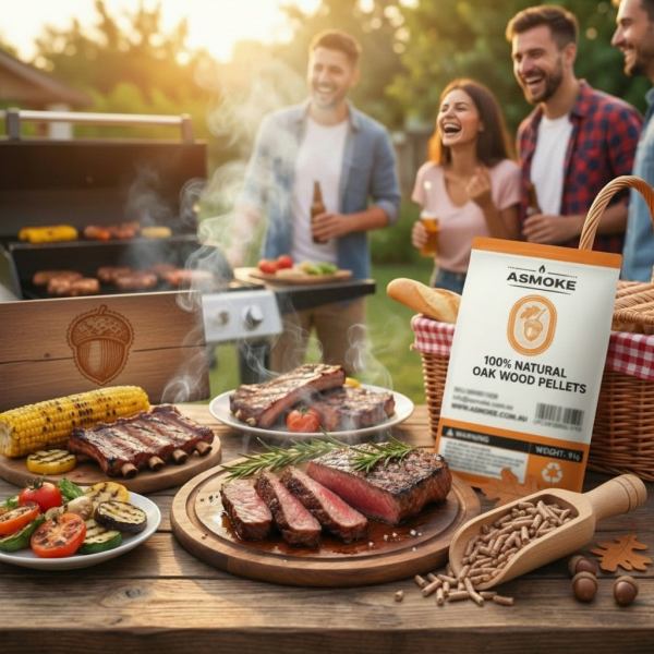 asmoke 100% natural oak wood bbq pellets (2.27kg) high heat hardwood for brisket & pizza ovens Friends barbecuing with oak wood pellets outdoors.