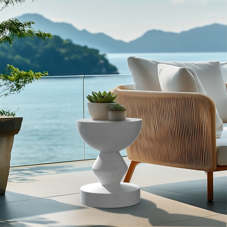 Outdoor seating with ocean and mountain views.