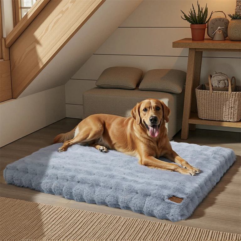 comfortable pet bed with removable cover and anti skid base(extra large) Golden retriever relaxing on fluffy grey pet bed.