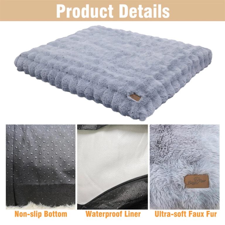 plush pet bed with non slip base and removable cover Grey faux fur pet mat, non-slip, waterproof features.