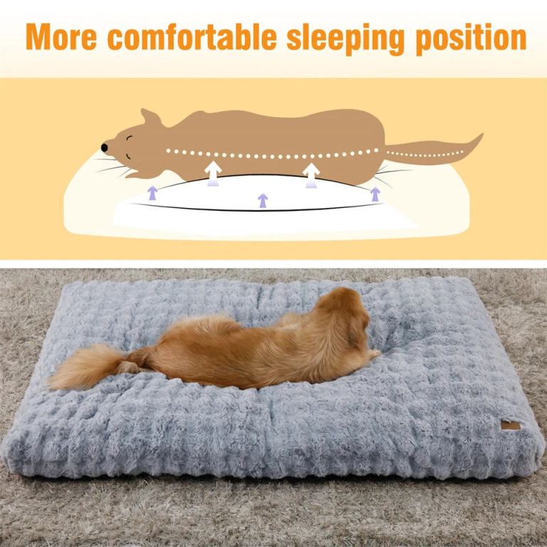 plush pet bed with non slip base and removable cover Dog sleeping on comfy grey bed for better posture.