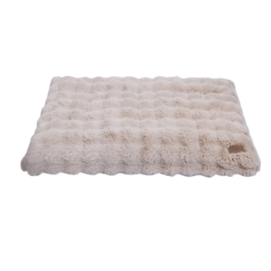 Soft beige pet bed, plush and rectangular design.