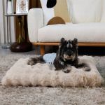 plush pet bed with non slip base and removable cover Dog in denim on fluffy rug indoors
