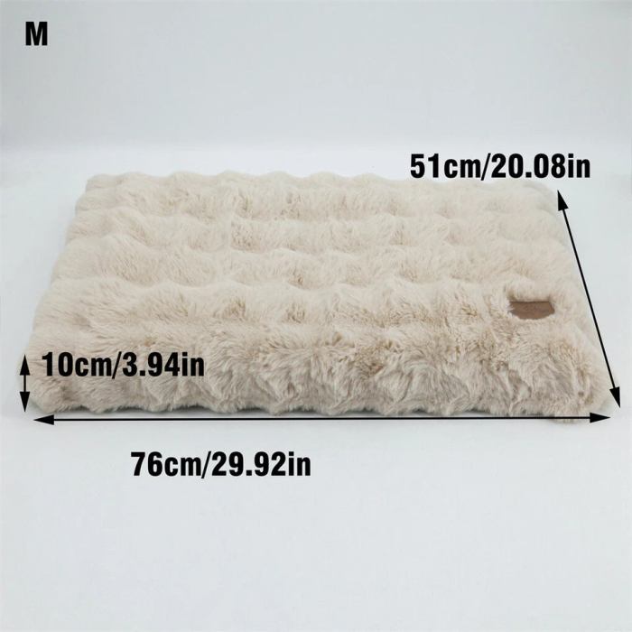 plush pet bed with non slip base and removable cover Fluffy beige pet bed with dimensions, size M.