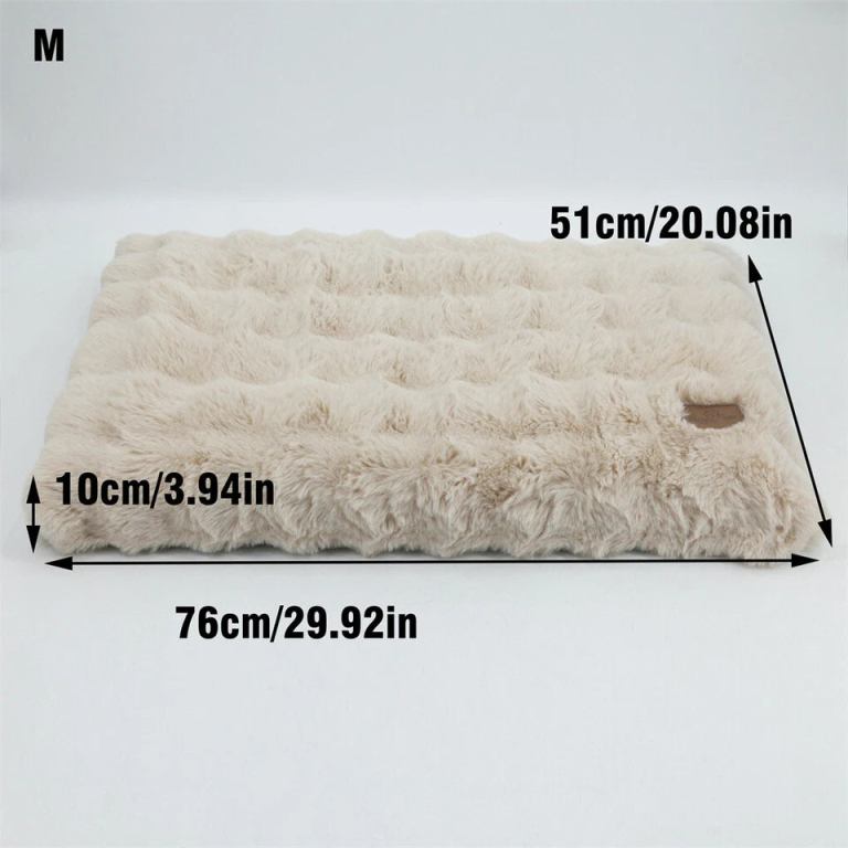 plush pet bed with non slip base and removable cover Fluffy beige pet bed with dimensions, size M.