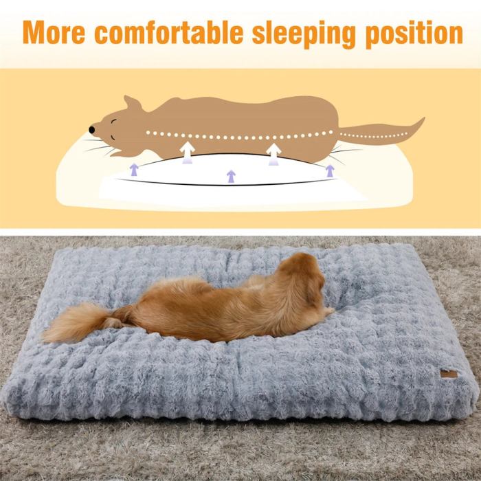 plush pet bed with non slip base and removable cover Dog on comfy grey bed for better sleep.
