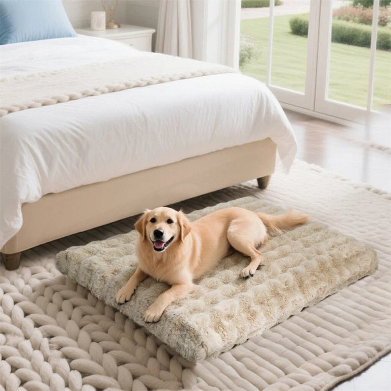 Golden retriever on soft bed in bright bedroom.
