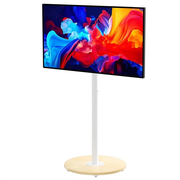 Modern TV stand with vibrant screen display.