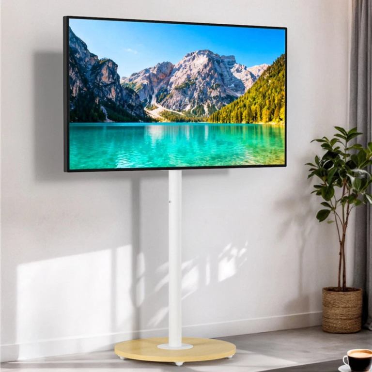 TV displaying serene mountain lake scenery indoors.