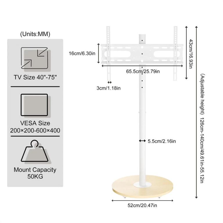 Adjustable TV stand dimensions and weight capacity.